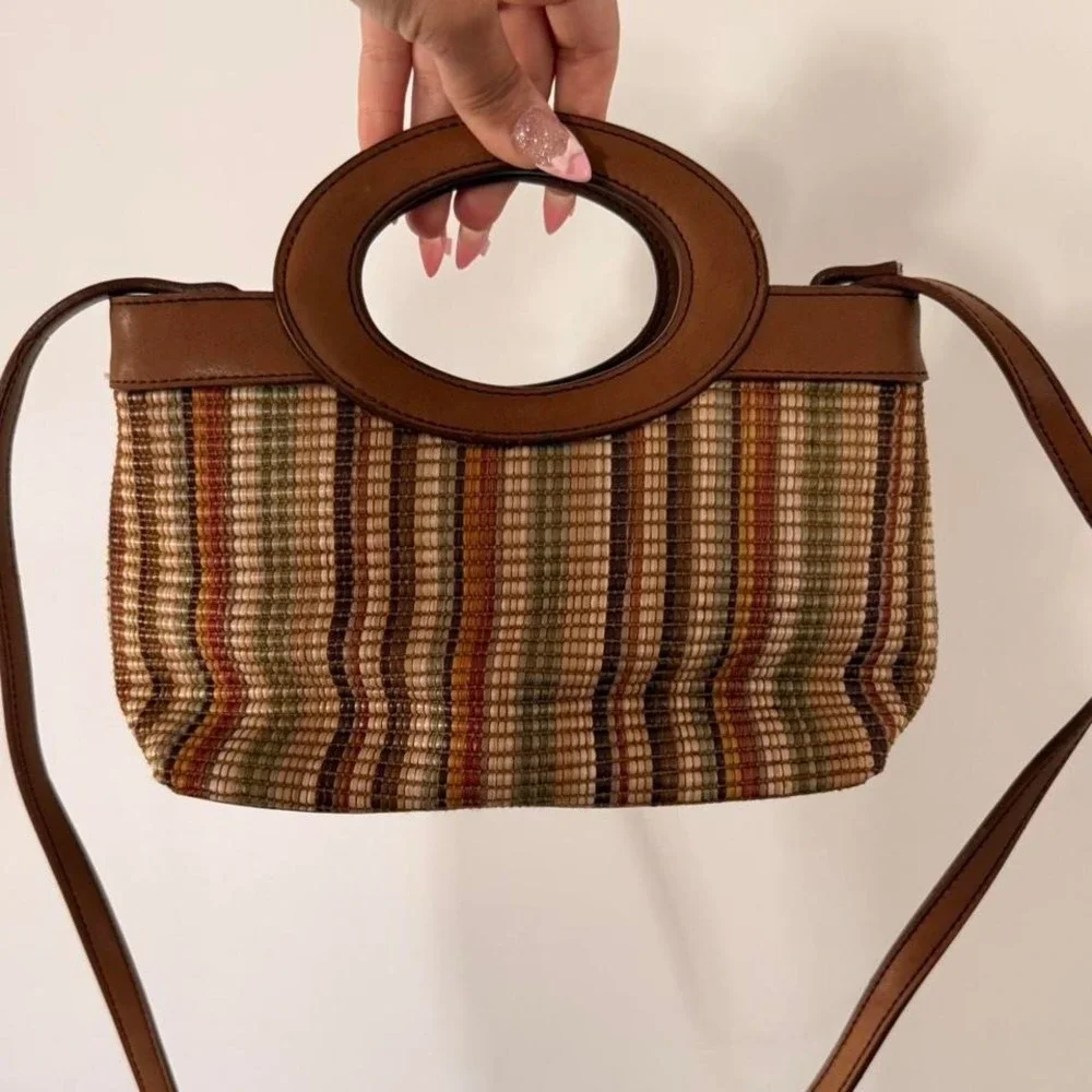 Fossil brown + tan striped handbag with funky‎ handle and strap